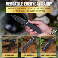 SliceElite Tiger Shadow Folding Knife D2 Steel 3.5 Inch Drop Point Blade Black G10 Handle Button Lock Striped Titanium Finish EDC Pocket Knife Outdoor Camping Survival Everyday Carry