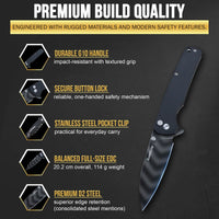 SliceElite Tiger Shadow Folding Knife D2 Steel 3.5 Inch Drop Point Blade Black G10 Handle Button Lock Striped Titanium Finish EDC Pocket Knife Outdoor Camping Survival Everyday Carry