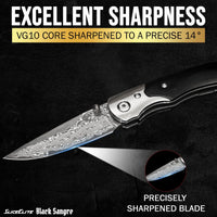 SliceElite Black Sangre Premium Folding Knife | Pocket Knife for Men with Ebony Wood Handle & 67-Layer Damascus VG10 Blade | Tactical Gear EDC Knife with Liner Lock for Luxury Precision