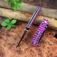 SliceElite La Tigresa EDC Pocket Knife 14C28N Stainless Tanto Serrated Blade Black Titanium PVD Finish Crossbar Lock Pink Tiger Stripe Aluminum Handle Folding Knife Outdoor Camping Hunting Survival
