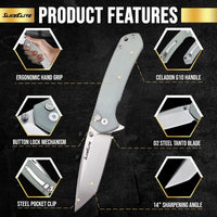 SliceElite Ghost EDC Knife 3.4 Inch D2 Steel Tanto Blade Translucent Green G10 Handle Button Lock Stainless Steel Pocket Clip Lightweight Compact Everyday Carry Knife
