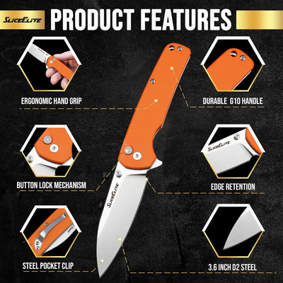 SliceElite 3.6-Inch Aztec Tiger Folding Knife | Pocket Knife with Orange G10 Composite Handle, D2 Steel Drop Point Blade & Stainless Steel Pocket Clip | EDC Gear Knife with Button Lock for Outdoor Use