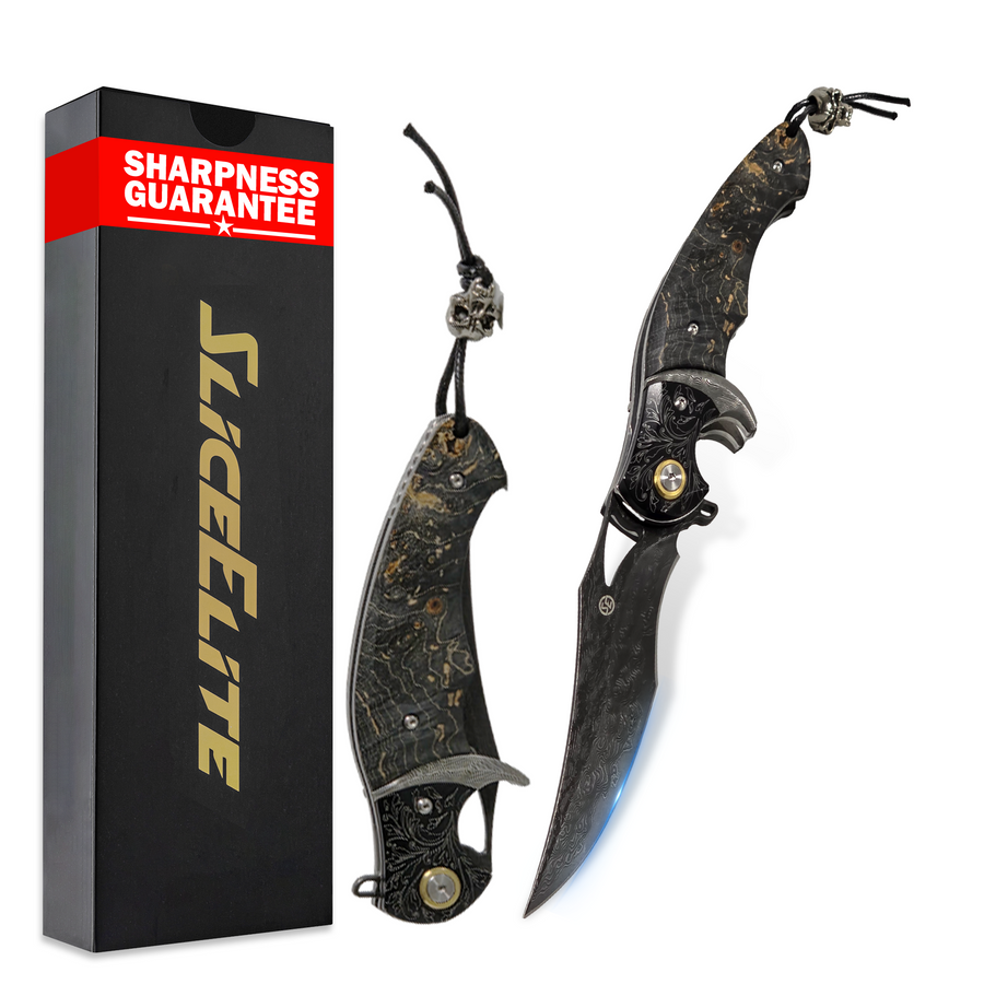 Black Lotus Folding Knife with 89-Layer Damascus VG10 Blade and Stabilized Maple Burl Wood Handle
