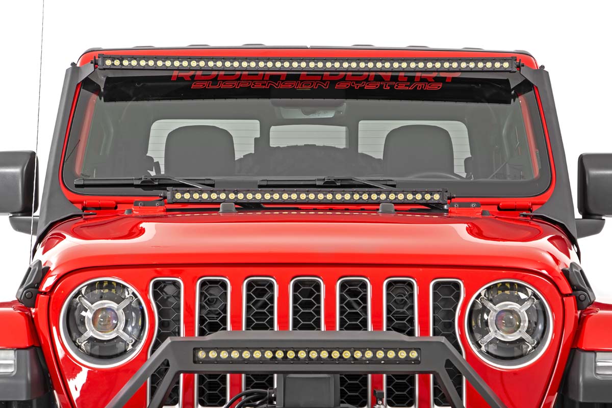 Jeep 50-inch Straight LED Light Bar Upper Windshield Kit w/ Single-Row Black Series LED (20-24 Gladiator JT, 18-24 Wrangler JL)