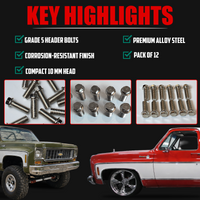Header Bolts Chrome Set of 12 for Small Block and Big Block American V8 Engines 3/8-16 Thread Corrosion Resistant Alloy Steel for Chevy Ford Mopar Muscle Cars Hot Rods Restoration