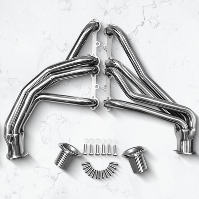 Polished Stainless Steel Long Tube Headers for Small Block Chevy.