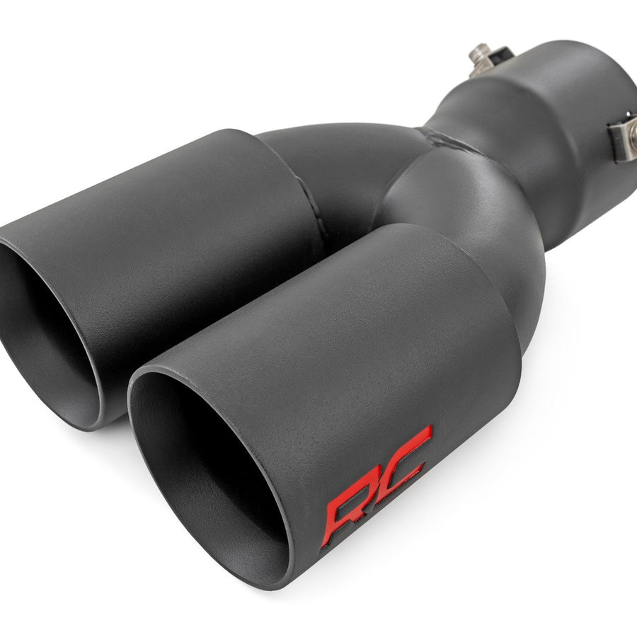 Exhaust Tip | Black | Red RC Logo | 2.5-3 Inch Pipe Single Inlet | Dual Outlet